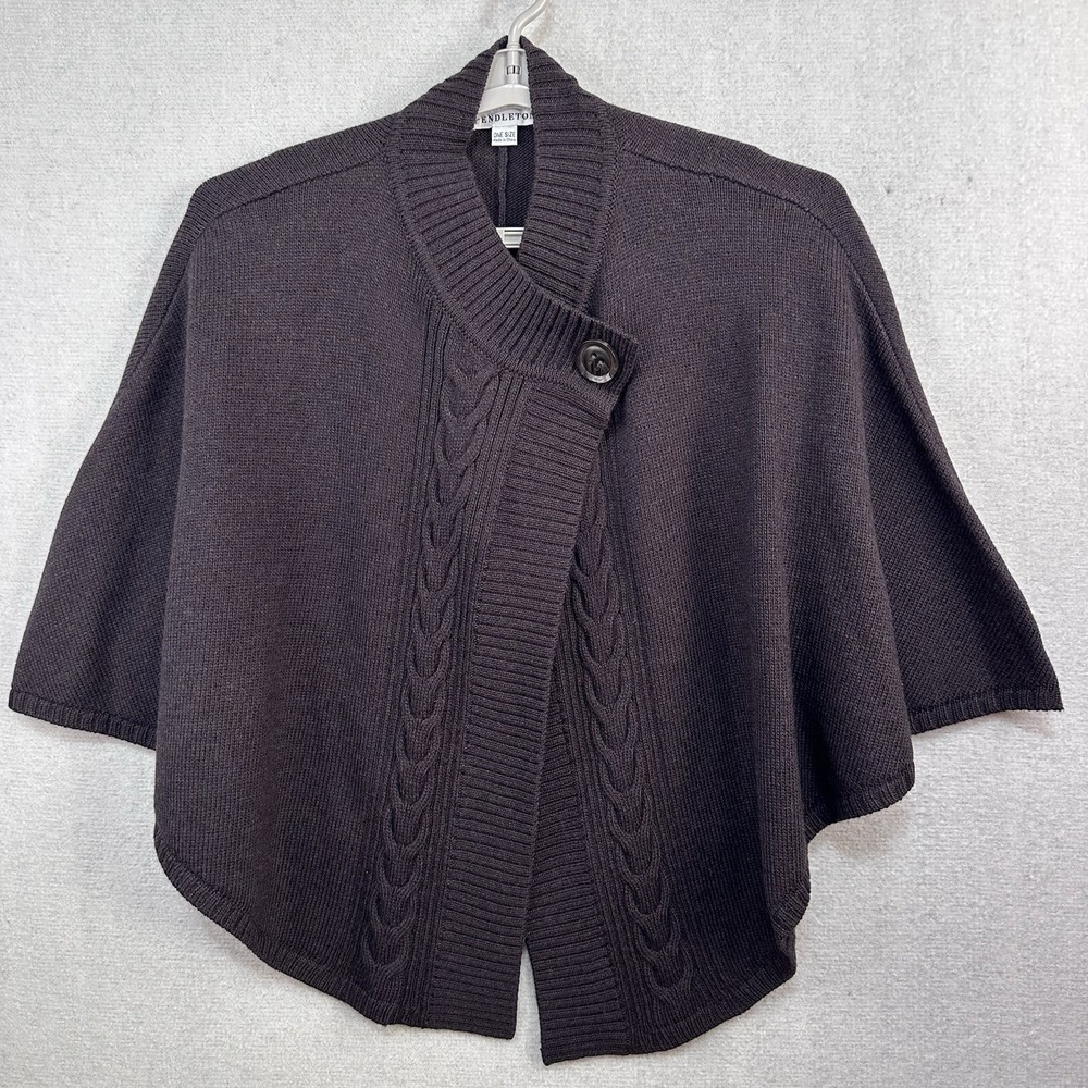 Pendleton Cable Knit Dark Brown Poncho One Size 100% Merino Wool Cape